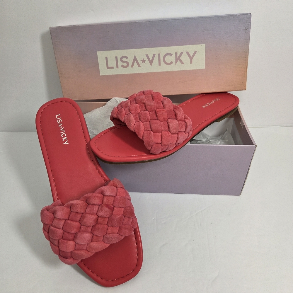 NWT Lisa Vicky‎ Mission Coral Red Woven Suede Slide Sandals Size 8M